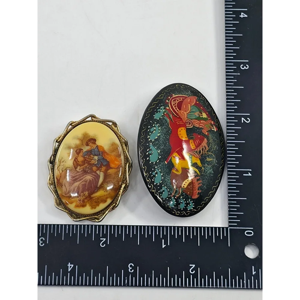 Vintage Fragonard Limoges Style & Russian Mstera Troika Lacquer Brooch Pin Lot 2